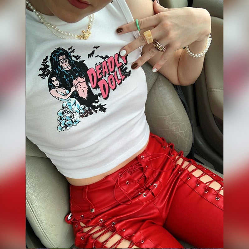 Lace Up PU Leather Pants Chic High Waist Hollow Out Y2K Drawstring Bandage Cut Out Gothic Faux Leather Trousers