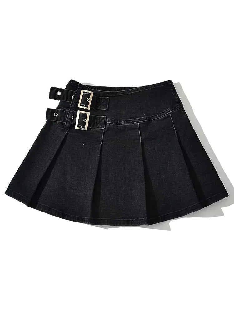 Denim Y2k Skirt with Pleats and Belt 90s E-girl Korean Skirts For High Street Jeans Short Bottom