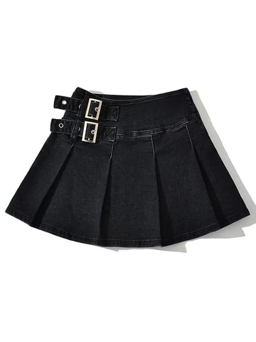 Denim Y2k Skirt with Pleats and Belt 90s E-girl Korean Skirts For High Street Jeans Short Bottom