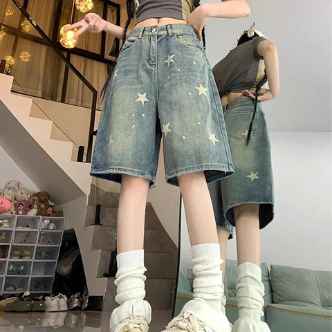 Y2K Star Printed Denim Shorts High Waist Wash Knee Length Jeans Bf Streetwear Loose Wide Leg Pants