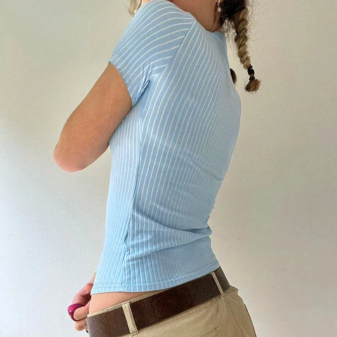 Casual Striped Print Blouse Button Up Short Sleeve Basic Knitted Crop Tops y2k Aesthetic Basic T-shirts Streetwear