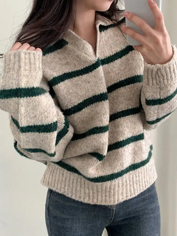 Large size Korean style lapel slimming contrast striped sweater winter long-sleeved loose pullover sweater y2k tops