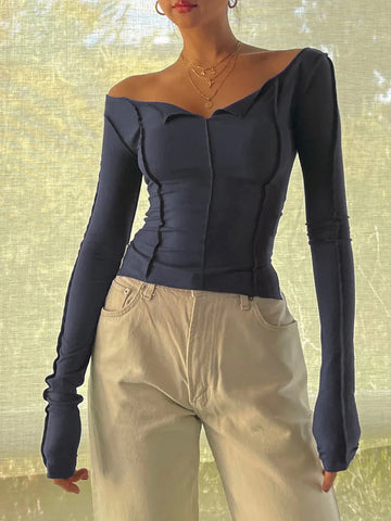 T-shirt Long Sleeve Boat Neck Spliced Slim Fit Shirts Solid Color Korean Kawaii Y2K Crop Tops Streetwear