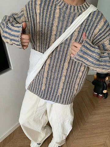 Trendy Striped Twists Knitted Sweaters Y2k Loose O Neck Long Sleeve Knit Pullover Vintage Warm Sweater Jumpers