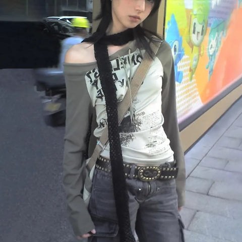 Japanese Y2k Off Shoulder T-shirt Grunge Aesthetics Graffiti Print Long Sleeve Tee Shirt Vintage Harajuku Streetwear 90s