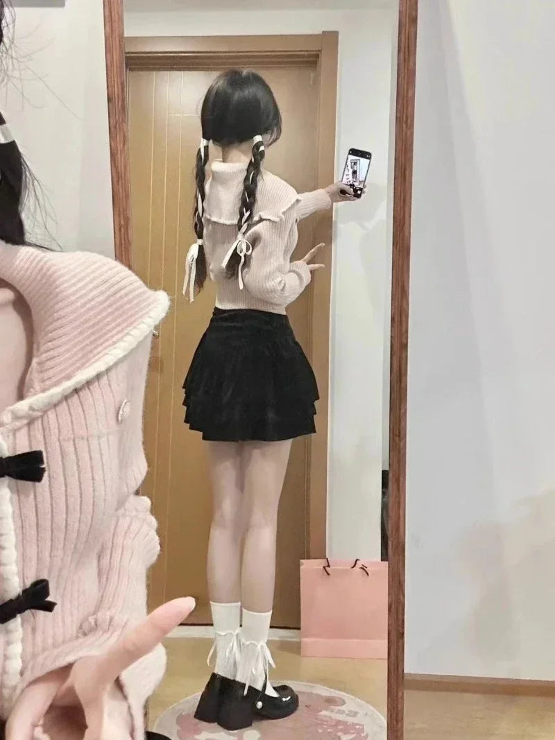 Voguable  Pink Sweet Cardigan Long Sleeve Y2k High Waist Knitted Coats Tops Japan Style Bow Sweaters Kawaii Slim Fit Women