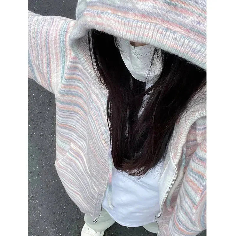 Japanese Y2k Rainbow Striped Kawaii Cardigans All Match Hooded Sweaters Loose Zipper Grunge Knitted Coat Pull Femme