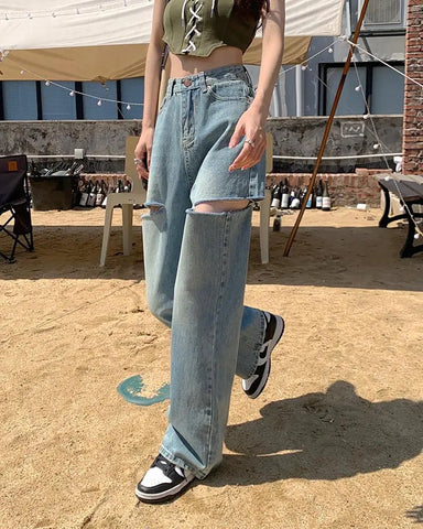 High Waist Ripped Straight Jeans Blue Denim Trousers Y2k Korean Clothing Streetwear Baggy Pants
