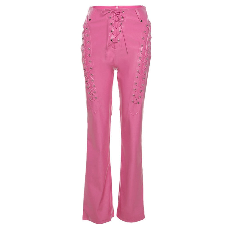 Lace Up PU Leather Pants Chic High Waist Hollow Out Y2K Drawstring Bandage Cut Out Gothic Faux Leather Trousers