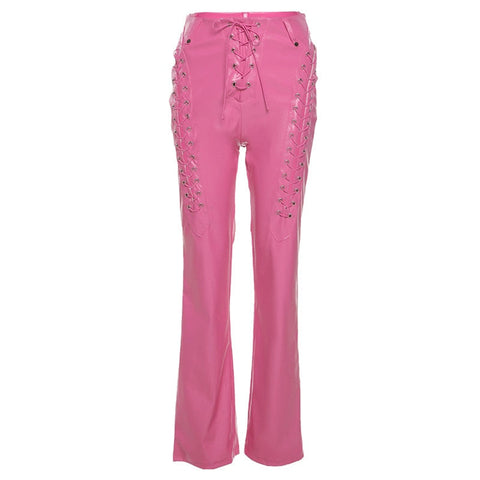 Lace Up PU Leather Pants Chic High Waist Hollow Out Y2K Drawstring Bandage Cut Out Gothic Faux Leather Trousers