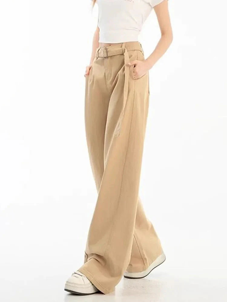 Belt Retro Khaki Jeans Y2K High Waist Loose Streetwear Denim Pants Casual American Vintage Wide Leg Trousers
