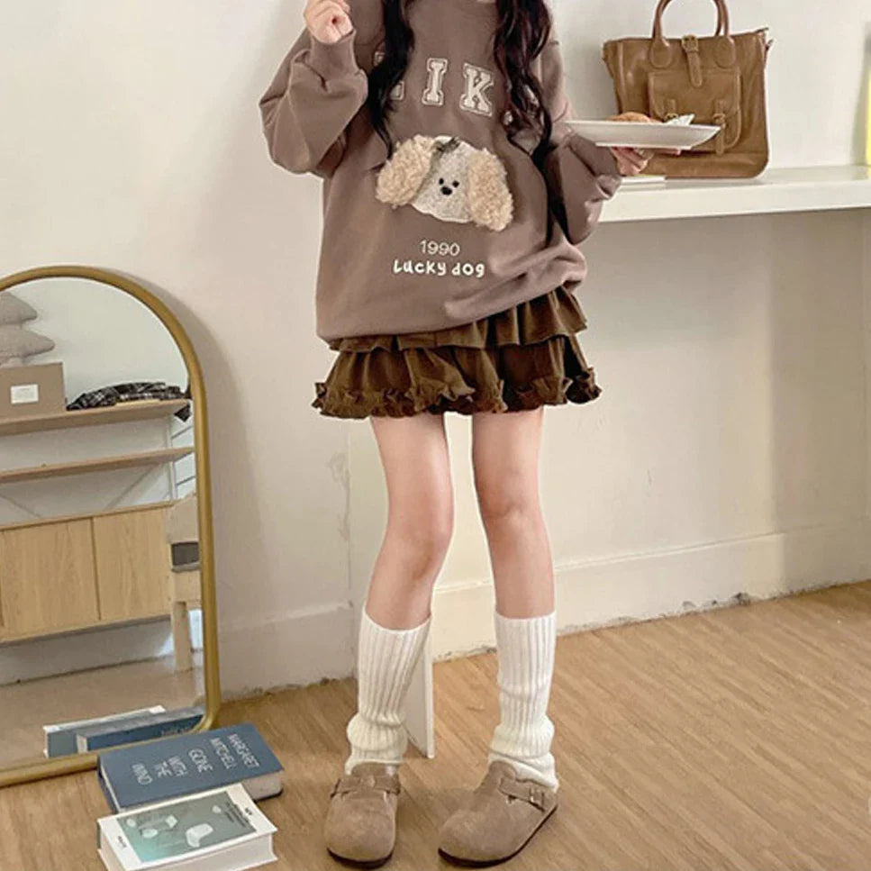 Voguable 90s Winter Ruffle Brown Kawaii Lolita Pleated Skirt Fairy Y2k Mini Skirt FeKorean Cute Mini Cake Casual Skirt
