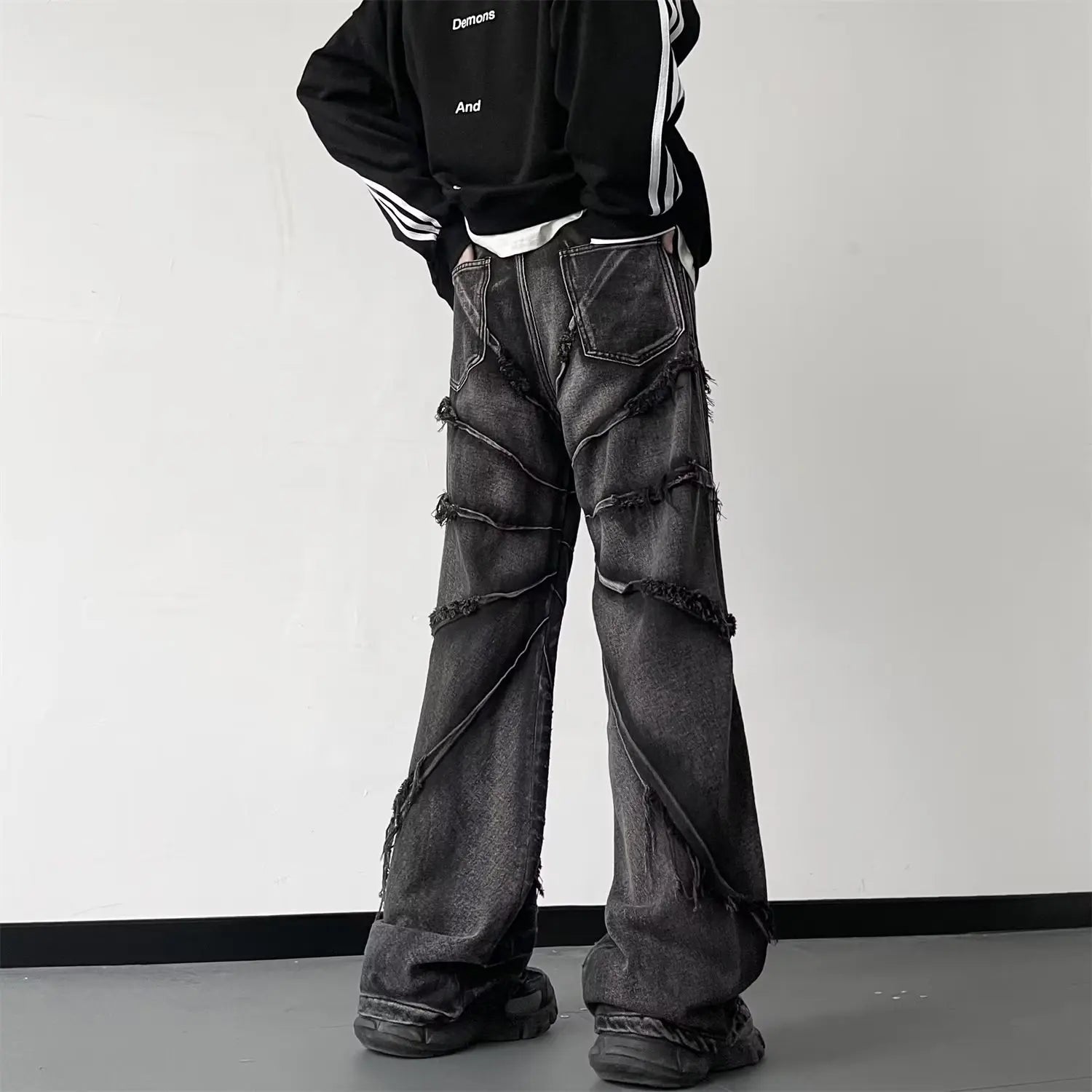 Voguable Y2K Punk Black American Street Rock Retro High Waist Oversized Jeans Raw Edge Washed Darkwear Wide Leg Trousers Men