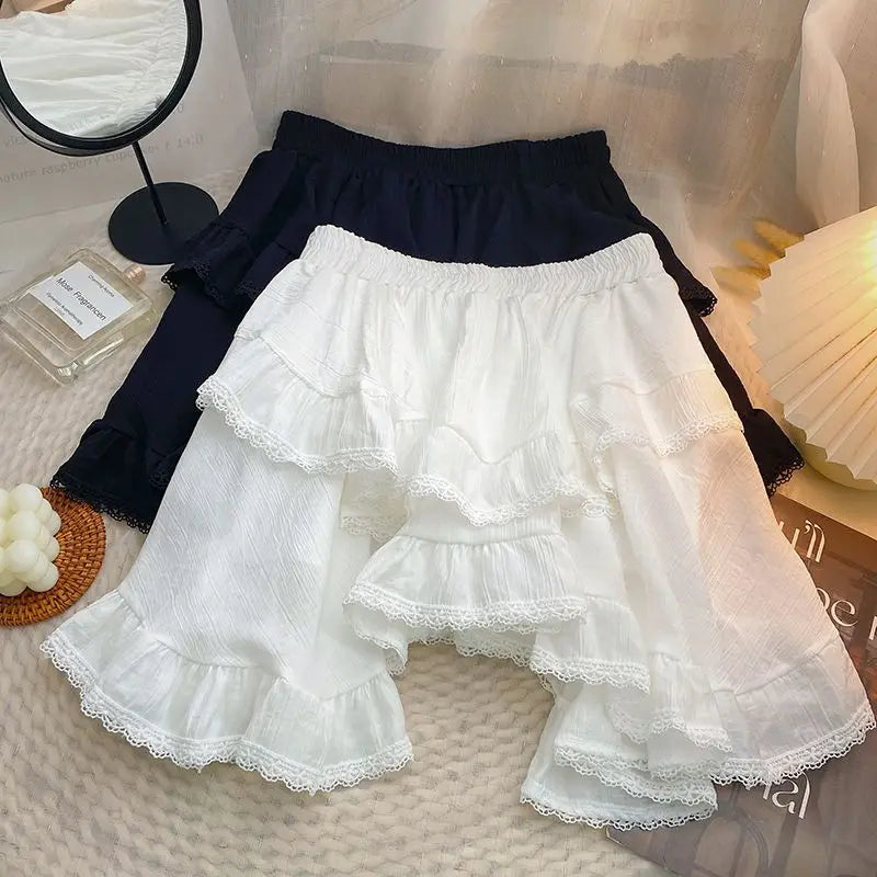 Voguable Elastic Waist White Black Irregular Mini Kawaii Skirt Japanese Style School Y2k Aesthetic Ruffles Short Skirt Streetwear
