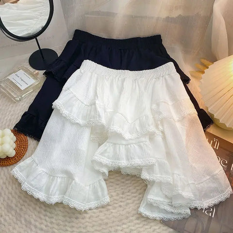 Voguable Elastic Waist White Black Irregular Mini Kawaii Skirt Japanese Style School Y2k Aesthetic Ruffles Short Skirt Streetwear