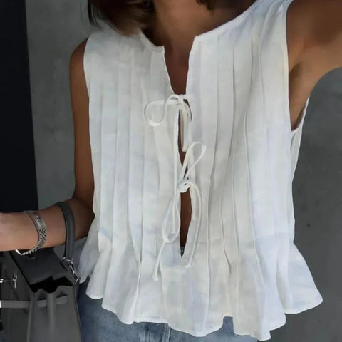 Y2K Korean White Linen Cotton Pleated Lace Up Sleeveless Short Shirt Crop Top Blouse Pleated Shirts Clothes