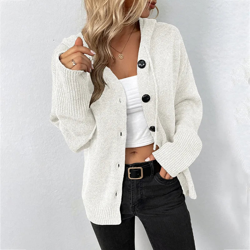 Winter Knitwear Y2k Harajuku Casual Single Breasted Solid Color Hooded Drawstring Knit Cardigan Sweater Women