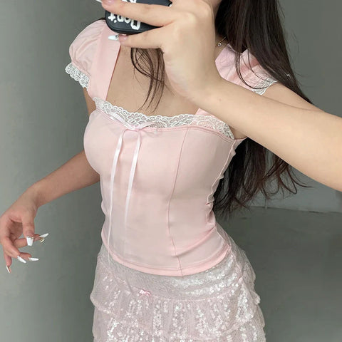 Voguable Y2K Contrast Lace Bow Patchwork Top Casual Basic Slim-fit Short Sleeve T-shirt Coquette Aesthetic Tees