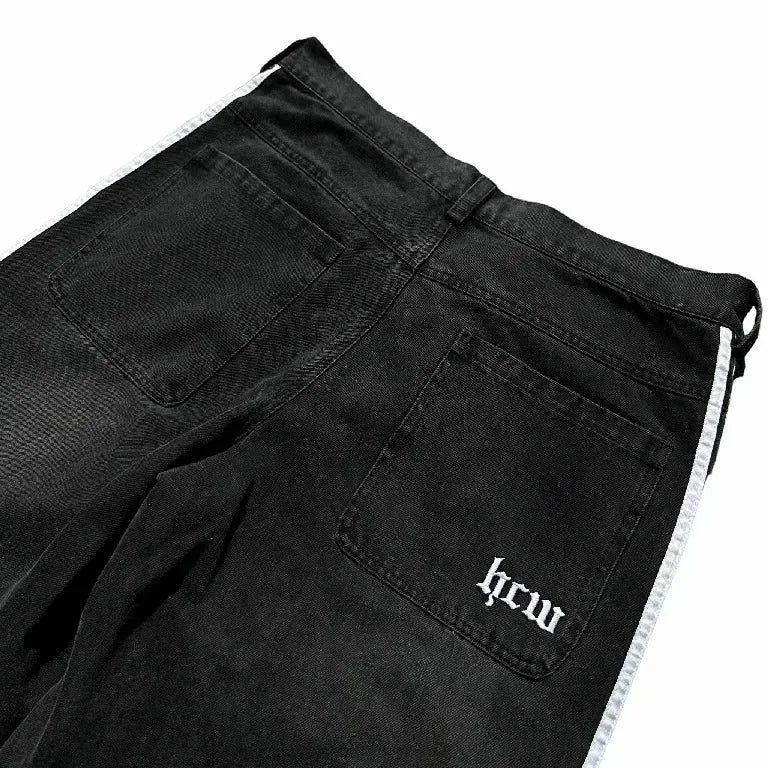 Hip Hop Baggy Jeans  Harajuku Goth Y2k Jeans for Black Striped Embroidered Wide Leg Denim Pants High Street Streetwear