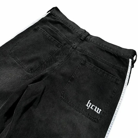 Hip Hop Baggy Jeans  Harajuku Goth Y2k Jeans for Black Striped Embroidered Wide Leg Denim Pants High Street Streetwear