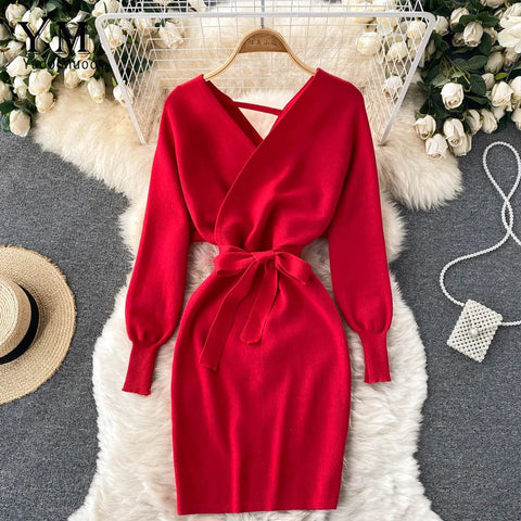 Y2K Casual Vestidos Dress  Winter Bodycon Knitted Sweater Dress Elegant  Office Ladies Dress