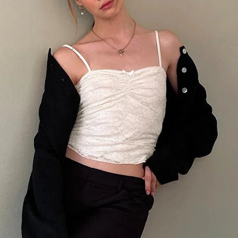 Voguable Sweet Floral Lace Patchwork Crop Top White Black Coquette Aesthetic Double Layer Folds Camis Y2K Cute Vest  Women