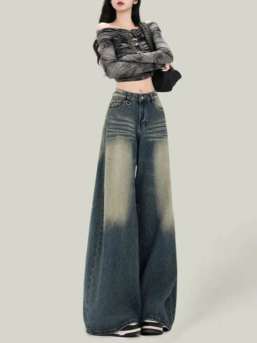 Streetwear Retro Jeans Loose High Waist Y2K Denim Pants Casual American Harajuku Fall FePockets Wide Leg Trousers New