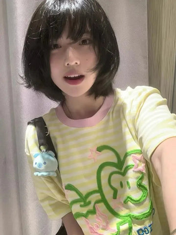 Apple Embroidery T Shirt Korean Style Striped Short Sleeved T-shirts Y2k Clothes Gentle O Neck Tees Top