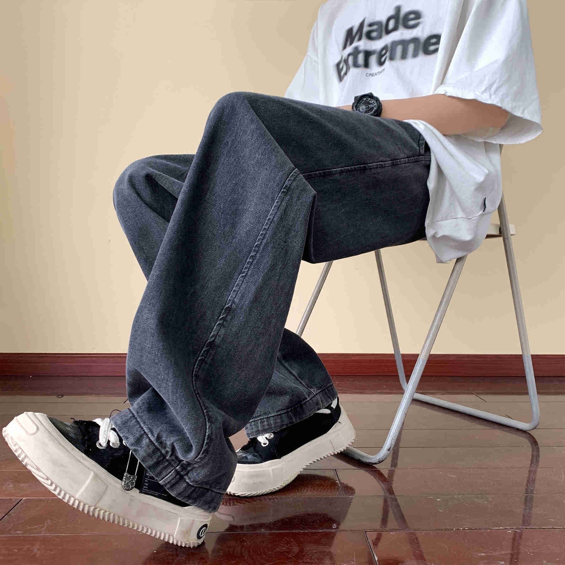 Japanese Style Trend Y2k Baggy Straight Jeans Wide Leg Solid Color Casual Denim Pants High Street Trousers