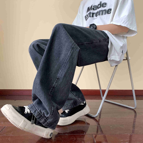 Japanese Style Trend Y2k Baggy Straight Jeans Wide Leg Solid Color Casual Denim Pants High Street Trousers