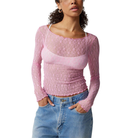 Lace Tops for y2k Clothes Sheer See Through Round Neck Long Sleeve Ruched T Shirt 2000s Clothing Party Clubwear