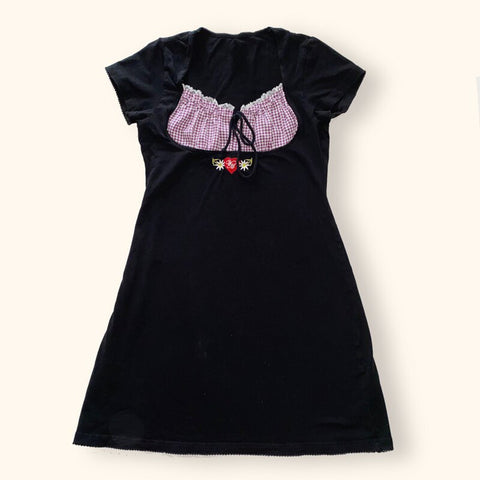 Voguable  Vintage Kawaii Bow Embroidery Mini Dress Patchwork Square Collar Short Sleeve Black Dress Retro Y2K Aesthetic Fairy Clothes
