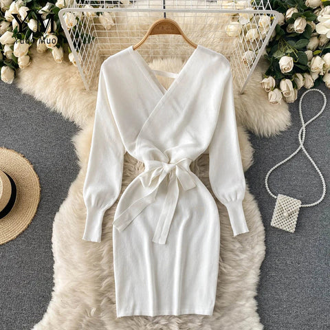 Y2K Casual Vestidos Dress  Winter Bodycon Knitted Sweater Dress Elegant  Office Ladies Dress
