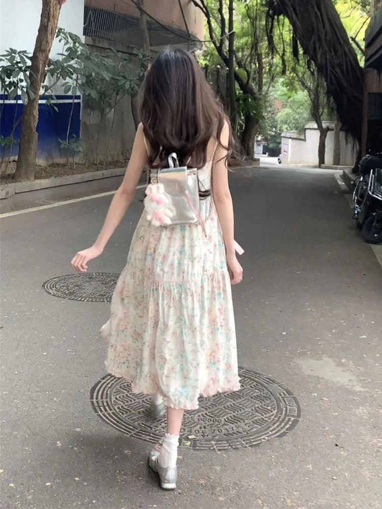 Japanese Kawaii Y2k Midi Dress Casual Sweet Bow Splicing Flower Print Dress Korean Evening Party