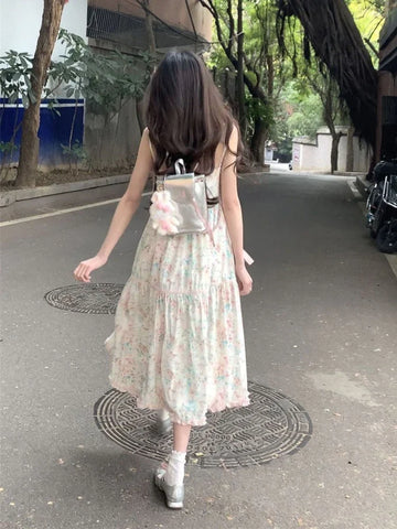 Japanese Kawaii Y2k Midi Dress Casual Sweet Bow Splicing Flower Print Dress Korean Evening Party