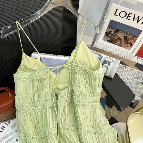 Voguable Backless V-neck Y2K Draped Suspender Dresses Beach Style Hotsweet Slim Fit Chiffon Party Club Dress