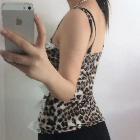 Voguable  Y2K Leopard Print Lace Ruffle Patchwork Camis Brown Coquette Aesthetic Slim-fit Bow Tank Tops Cute Fairycore Vest Cute