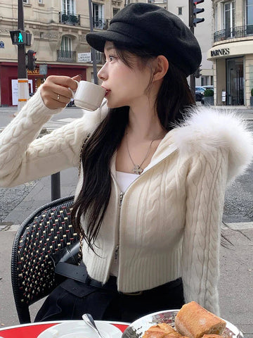 Voguable Furry Hooded Sweaters Coat Winter Casual Hoodie Y2K Zipper Cropped Sweater Jacket Korean FeKnitwear