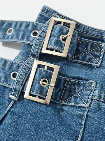 Denim Y2k Skirt with Pleats and Belt 90s E-girl Korean Skirts For High Street Jeans Short Bottom
