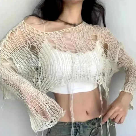 Boho Knitted T Shirt Y2k Hollow Out Loose FeCrop Tees Vintage Korean Ripped Long Sleeve Match Ladies Jumpers