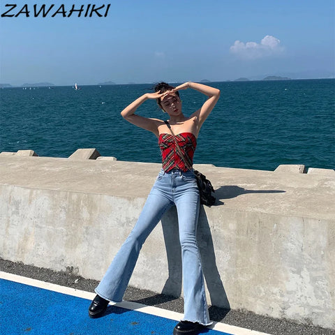 Tank Top American Retro Strapless Tube Slim Y2K Aesthetic Zipper Designed Vintage Plaid Patchworl Streetwear