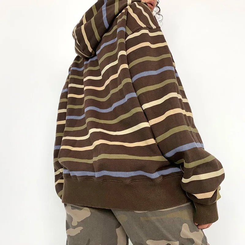 Simple Color Contrast Striped Y2k Zipper Drawstring Hoodie Coat European And American Trend Wear
