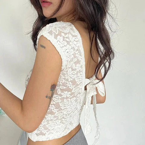 Y2K Lace Patchwork T Shirt French Backless Lace-Up Short Sleeve White Crop Tops FeSlim Bottoming Tees