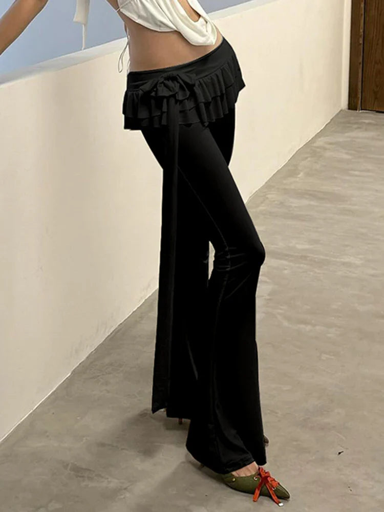Voguable Black Lace Up Ruffled Skirt Pants Low Waist Coquette Y2K Streetwear Wide Leg Trouser Flare Pants Harajuku