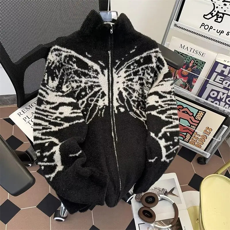 Y2k Harajuku Zipper Cardigan Man Vintage Butterfly Turtleneck American Mink Fur Soft and Lazy Style Sweater Jacket
