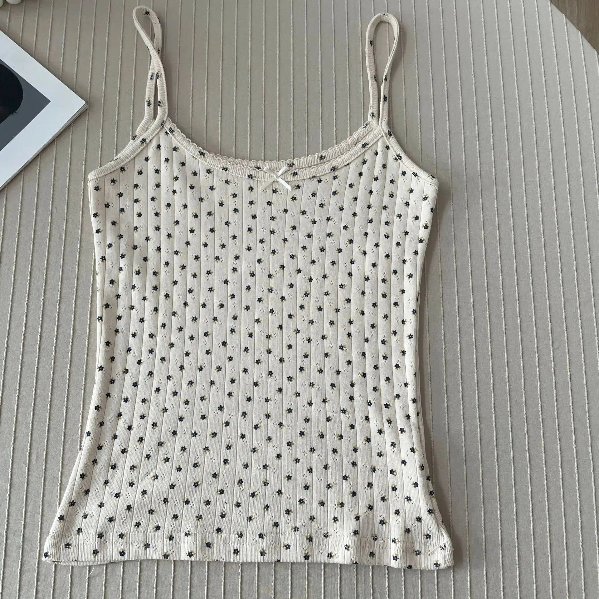 Floral Eyelet Bow Cotton Crop Tops Lace Trim Sleeveless Slim Tank Top Preppy Style Sweet Camisole Y2k Clothes