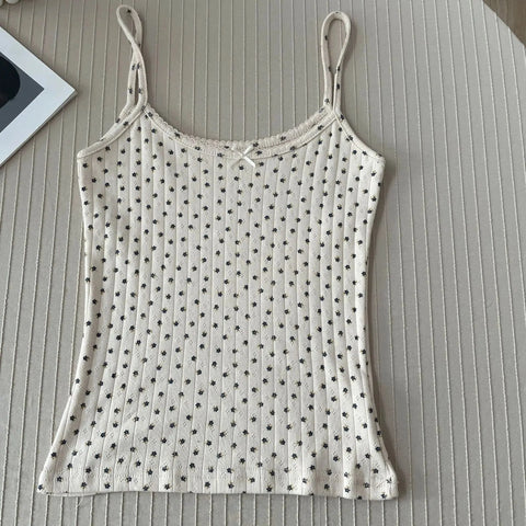 Floral Eyelet Bow Cotton Crop Tops Lace Trim Sleeveless Slim Tank Top Preppy Style Sweet Camisole Y2k Clothes