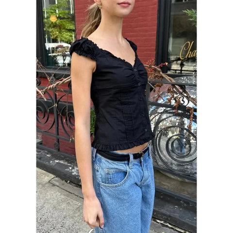 y2k Tank Top Clothes Solid Color Cap Sleeve Button Down Slim Fit Frill T Shirt 2000s Vest Streetwear