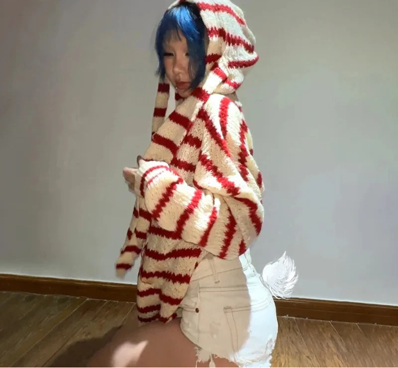 Japanese Y2k Hooded Cardigan 2000s Aesthetics Rabbit Ears Zipper Knitwear Vintage Harajuku Red Stripe Sweater Grunge