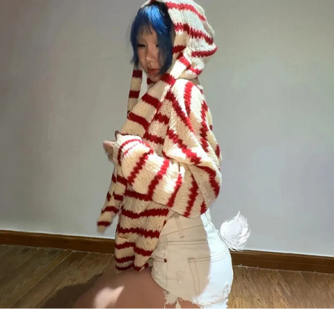 Japanese Y2k Hooded Cardigan 2000s Aesthetics Rabbit Ears Zipper Knitwear Vintage Harajuku Red Stripe Sweater Grunge
